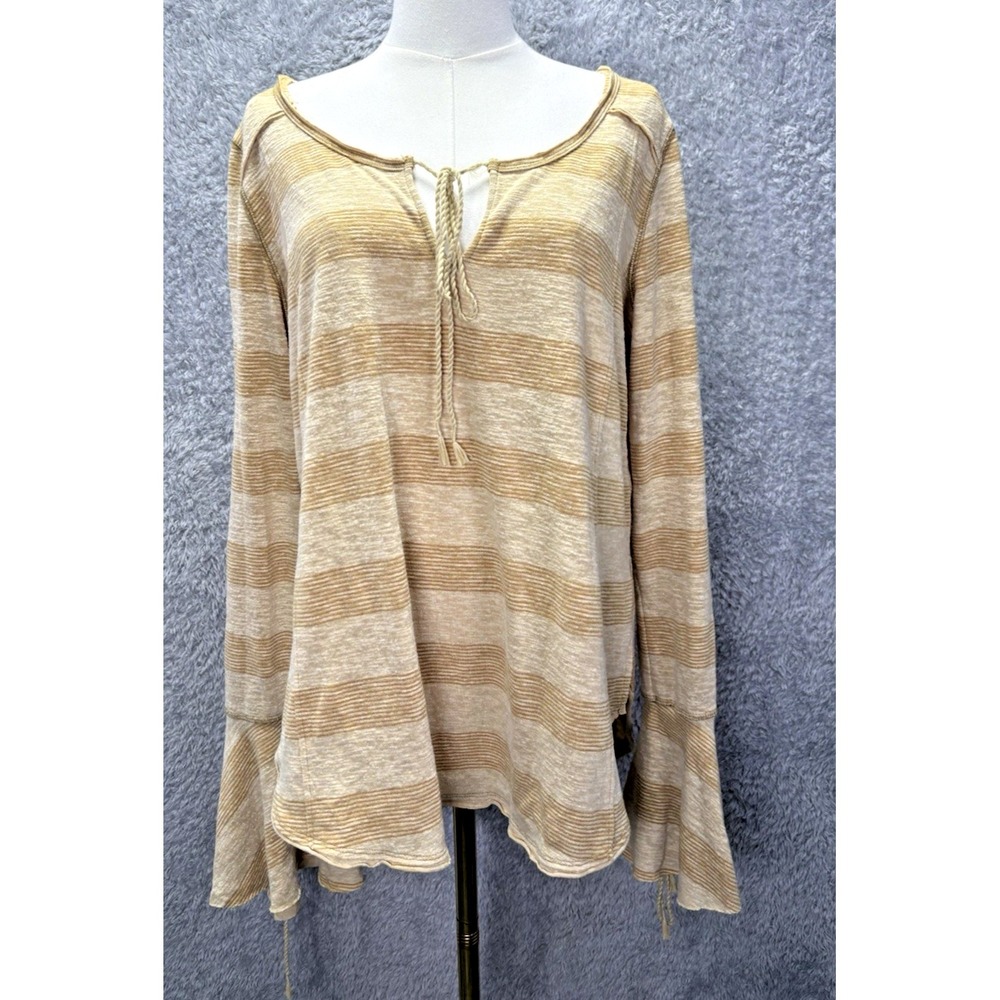 Free People We The Free Womens M Tan Striped Tunic Top Bell Sleeve Boho Oversize